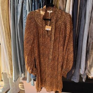 Suncoo robe Cristal pleated mini dress long sleeve ruffle collar large T3 NEW